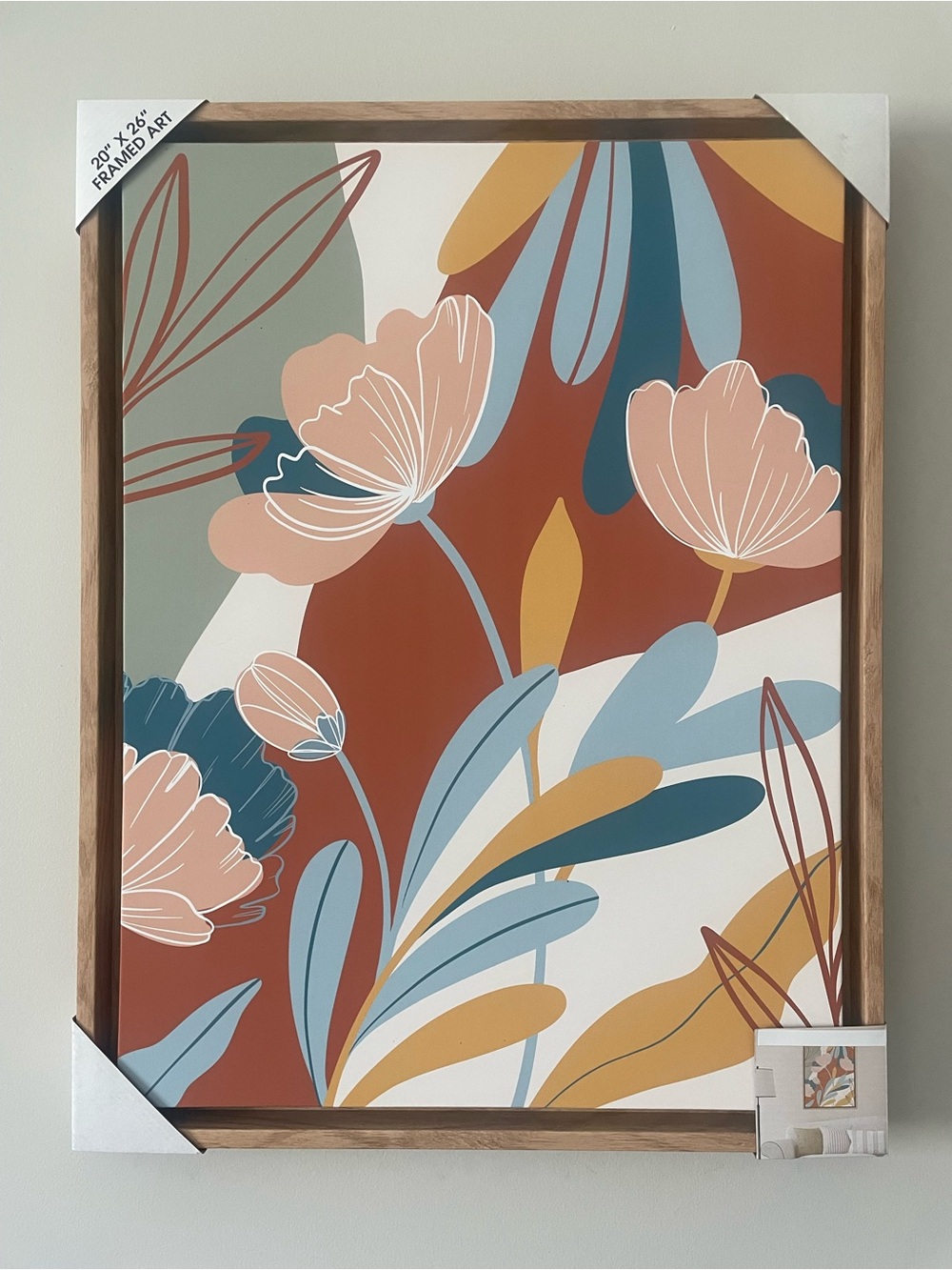 Wood Framed Floral Wall Art Print - Rust, Blue & Cream